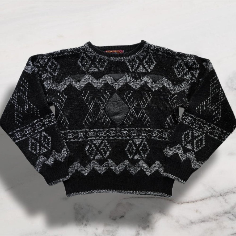 Vintage Chartwell Black and White with Leather Details Sweater SO PRETTY sz S